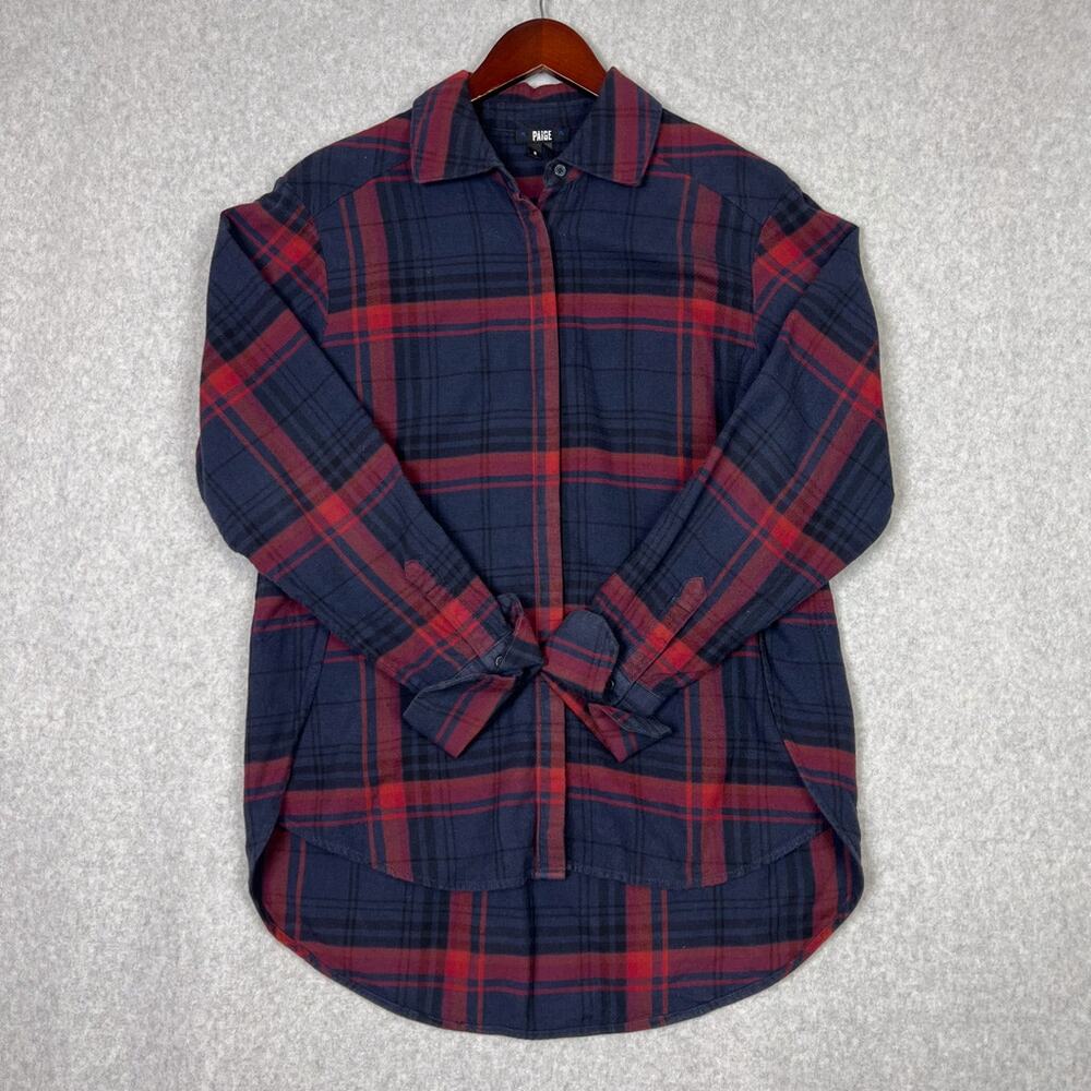 Paige Clemence Plaid Navy Blue Burgundy Button Up Long Sleeve Shirt Size Small